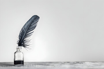 Elegant black feather quill in an inkwell on a gray surface with a minimalist white background. Classic calligraphy and writing concept.