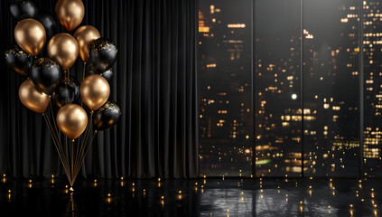 Elegant room with black and gold balloons, cityscape view. Perfect for festive celebrations and luxurious parties.