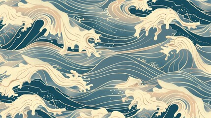 Continuous pattern of blue and beige waves, capturing the essence of Japanese ukiyo-e style in a seamless design
