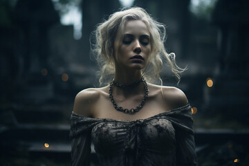 AI generated picture of beautiful young gothic woman at the cemetery on halloween night
