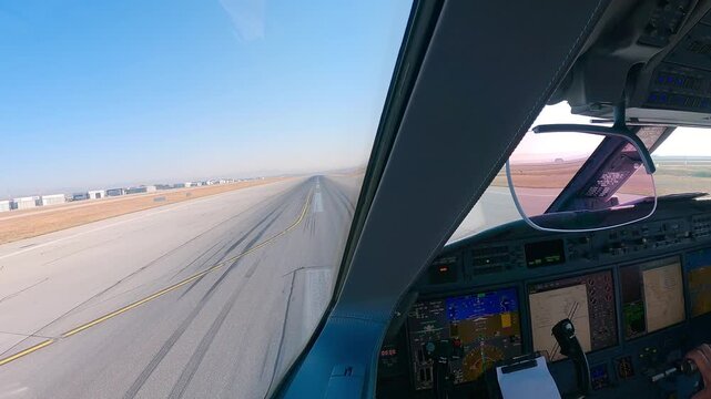 Takeoff view from the cockpit of a private passenger jet. The plane is accelerating on the runway. View from the cockpit. Landing gear retracting after takeoff