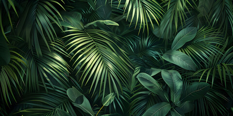 Lush green tropical foliage with various palm and broadleaf plants creating a dense jungle atmosphere. Perfect for nature and background design needs.