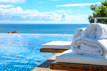 Fototapeta premium Luxurious poolside scene with rolled white towels on a lounge chair overlooking the serene blue ocean under a partly cloudy sky.