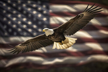 Naklejka premium Majestic bald eagle soaring against the backdrop of an American flag, symbolizing freedom and patriotism in a powerful way.