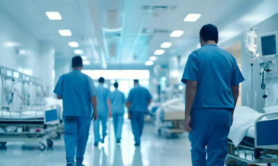 Obraz premium Medical professionals in scrubs walking through a hospital corridor with medical equipment and patient beds along the sides.