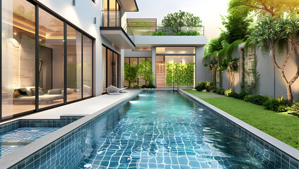 Modern luxury home with a beautiful outdoor swimming pool, patio area, and green landscaping. Ideal for relaxing and entertaining.