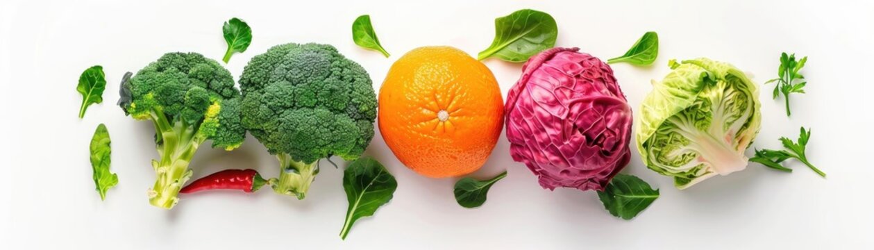 Colorful arrangement of fresh vegetables and fruit including broccoli, orange, cabbage, and lettuce on white background.