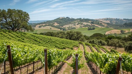 A hillside vineyard with rolling hills and ample sky space for text