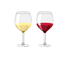Red and white wine in drinking glasses isolated on white background. Vector cartoon flat illustration.