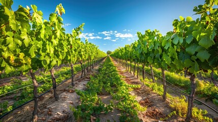 A lush vineyard with rows of grapevines under a clear blue sky, with ample space above for text