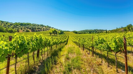 A lush vineyard with rows of grapevines under a clear blue sky, with ample space above for text