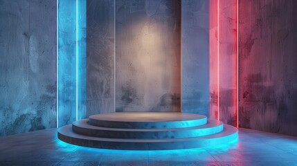 Neon-Lit Podium Stage with Glowing Lights and Smoke