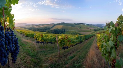Naklejka premium A panoramic view of a vineyard with ripe grapes on the vines and a clear sky for text