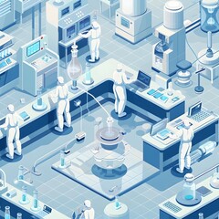 Isometric Cutaway View of Stateoftheart Biotechnology Research Facility and Technicians