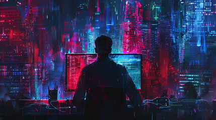 man behind the desktop computer with hightech skyline, in the style of neon impressionism