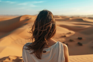 Fototapeta premium Visiting beautiful mysterious arabian country sandy hot climate desert traveling relaxing on nature, Generative AI picture