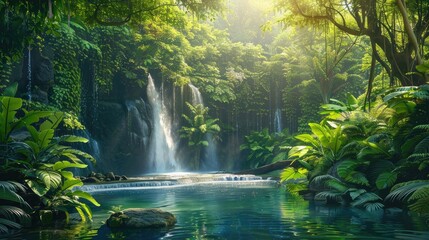 A picturesque waterfall with lush greenery surrounding it