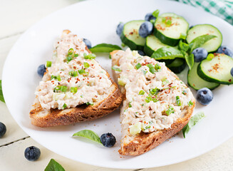 Toasts with tuna. Italian bruschetta sandwiches with pate canned tuna, egg and cucumber.