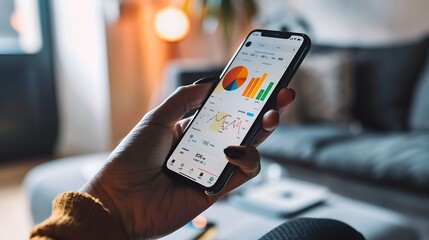 Individual utilizing a budgeting app on a smartphone to monitor and categorize monthly expenses, financial summary, and budget details, reflecting organized financial planning and expense control