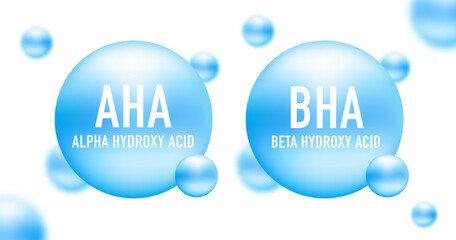 Vector set of AHA and BHA. Beta hydroxy acid and alpha hydroxy acid. Acid molecule concept design. Vector illustration