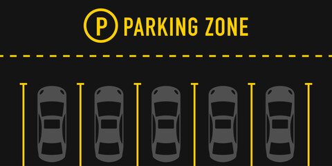 Parking zone with car symbols, yellow parking line. Free parking here poster in flat style. Parking diagram, urban travel, transportation backdrop. Vector illustration © StudioGraphic