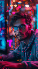 Obraz premium Tech nerd sits in front of the computer, tapping the keyboard intently with his eyes, split lighting