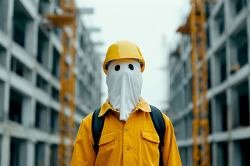 Construction worker in a unique ghost costume on a construction site. Creative and unusual concept representation in a work environment.