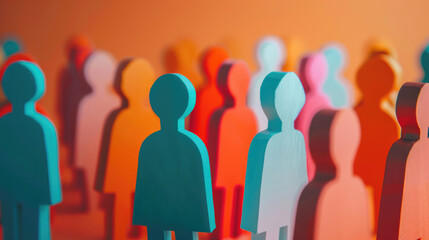 Rainbow wooden figures on gradient background symbolize team diversity and inclusion in a creative and vibrant way