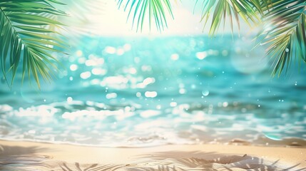 Obraz premium A close-up of a tranquil tropical beach with shiny sand and palm trees. Ideal for vacation themes and banners with space for text. Desktop wallpaper.