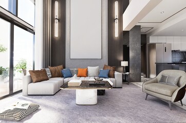 Interior large living room with a white wall and a black coffee table.3D illustrator