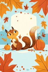 Cute Autumn Squirrel with Pumpkins and Leaves