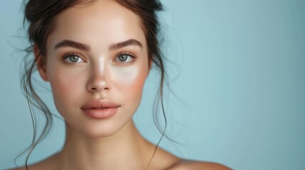 Naklejka premium Minimalist portrait of a woman with natural makeup, eco-friendly beauty, radiant skin