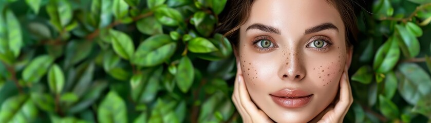 Naklejka premium Woman with botanical background, organic skincare, fresh natural face