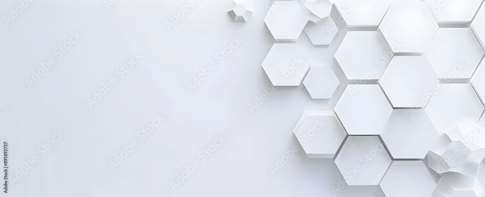 Poster white background with white hexagons on the left and right sides, creating an abstract geometric pat