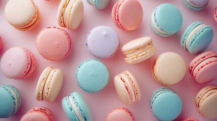 Obraz premium Colorful pastel French macarons in pink, yellow, blue, and lilac on a pink background. Delicate, sugary texture perfect for celebrations or afternoon tea, offering luxury indulgence.