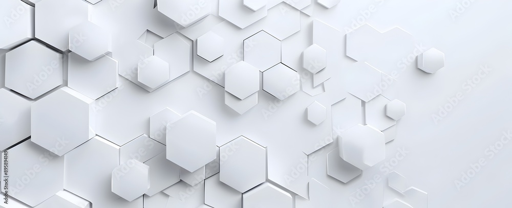 Poster white background with white hexagons on the left and right sides, creating an abstract geometric pat