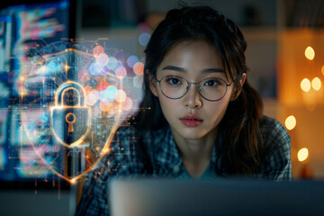 Focused female software developer working on cybersecurity, data protection and technology