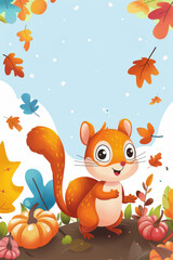 Happy Squirrel with Pumpkins and Leaves