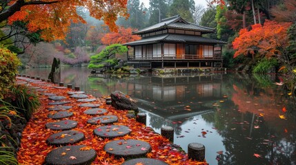 Serene Japanese Garden in Autumn Splendor background