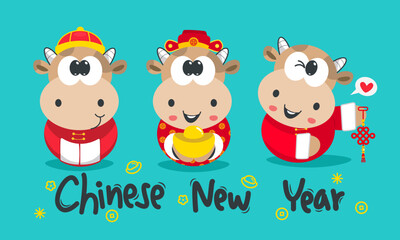 Chinese new year greeting card with three cows in chinese costume isolated on green background illustration vector, Year of the ox.