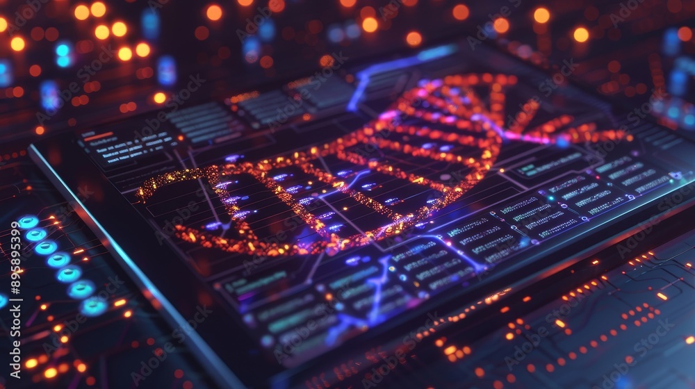 Poster displays dna sequencing data with helix structures that glow in the dark, symbolizing biotechnology 