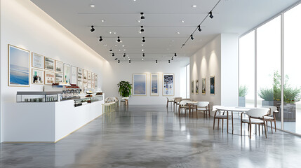 Obraz premium contemporary art museum exhibition space with café area,