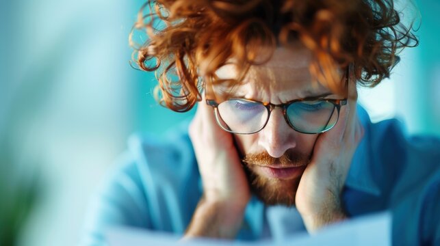 A person looking stressed and anxious while reviewing a bank statement, representing the emotional impact of identity theft and personal information theft.