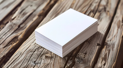 Fototapeta premium Stack of blank white paper sheets on rustic wooden planks, ready for creative projects or office work.