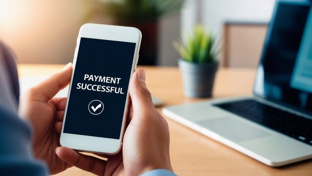 High-resolution, color photograph showing a close-up of a person holding a smartphone. The phone screen displays a message that reads 'PAYMENT SUCCESSFUL' in white, bold, sans-serif font, centered on 
