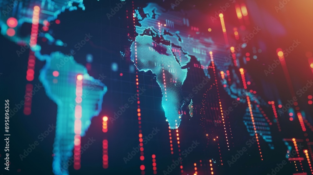 Poster Digital animation of stock market price changes. Camera movement through 3D space with a world map and stock indexes. Animation loop 4k.