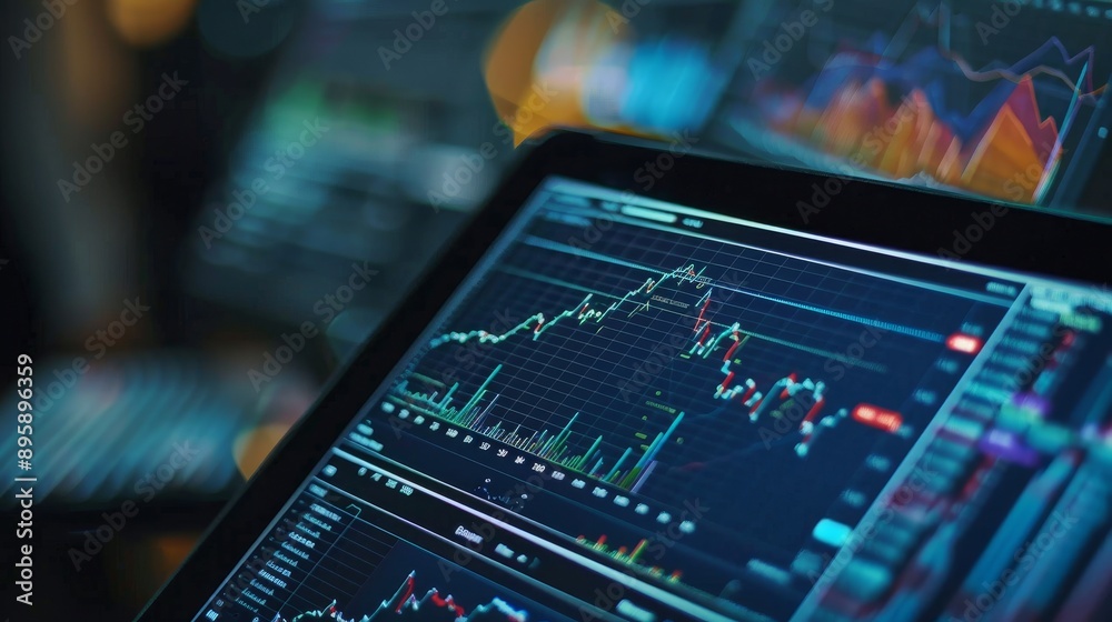 Poster Panning shot from a digital tablet screen showing graphs, charts, financial data, developments, and data records.