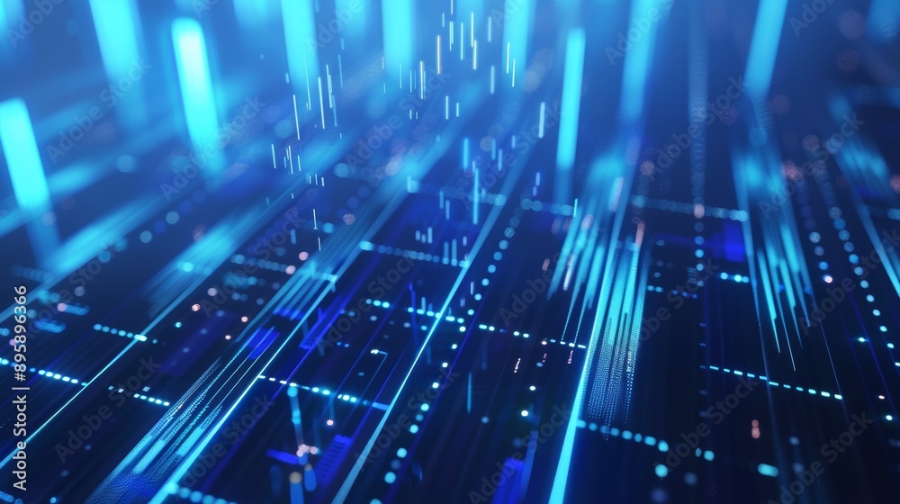 Poster 3D rendering of 3D blue graph, bars, diagrams, and chart elements on a generic business background. Depth of field settings.