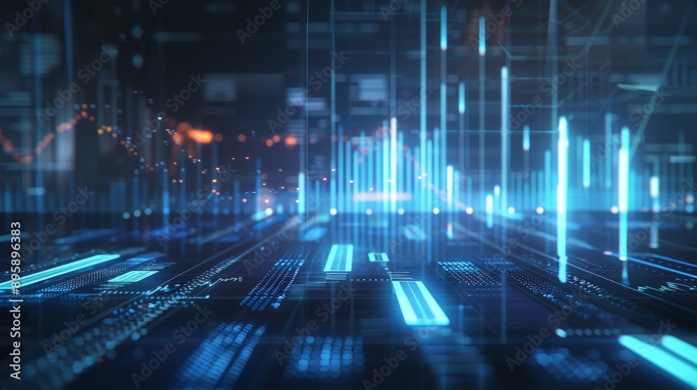 Aufkleber Blue and white digital technology bar charts. A grid and hi-tech style hud element also appear. The camera moves with depth of field. 4K animation quality.