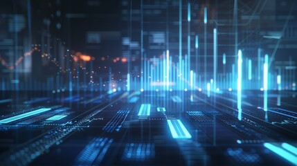 Blue and white digital technology bar charts. A grid and hi-tech style hud element also appear. The camera moves with depth of field. 4K animation quality.